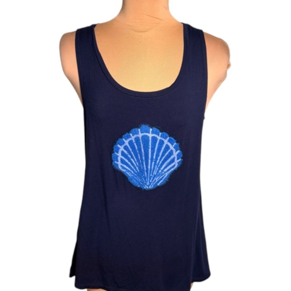 Cupio Navy Shell Embroidered Tank Top Coastal Beach Summer Size L
